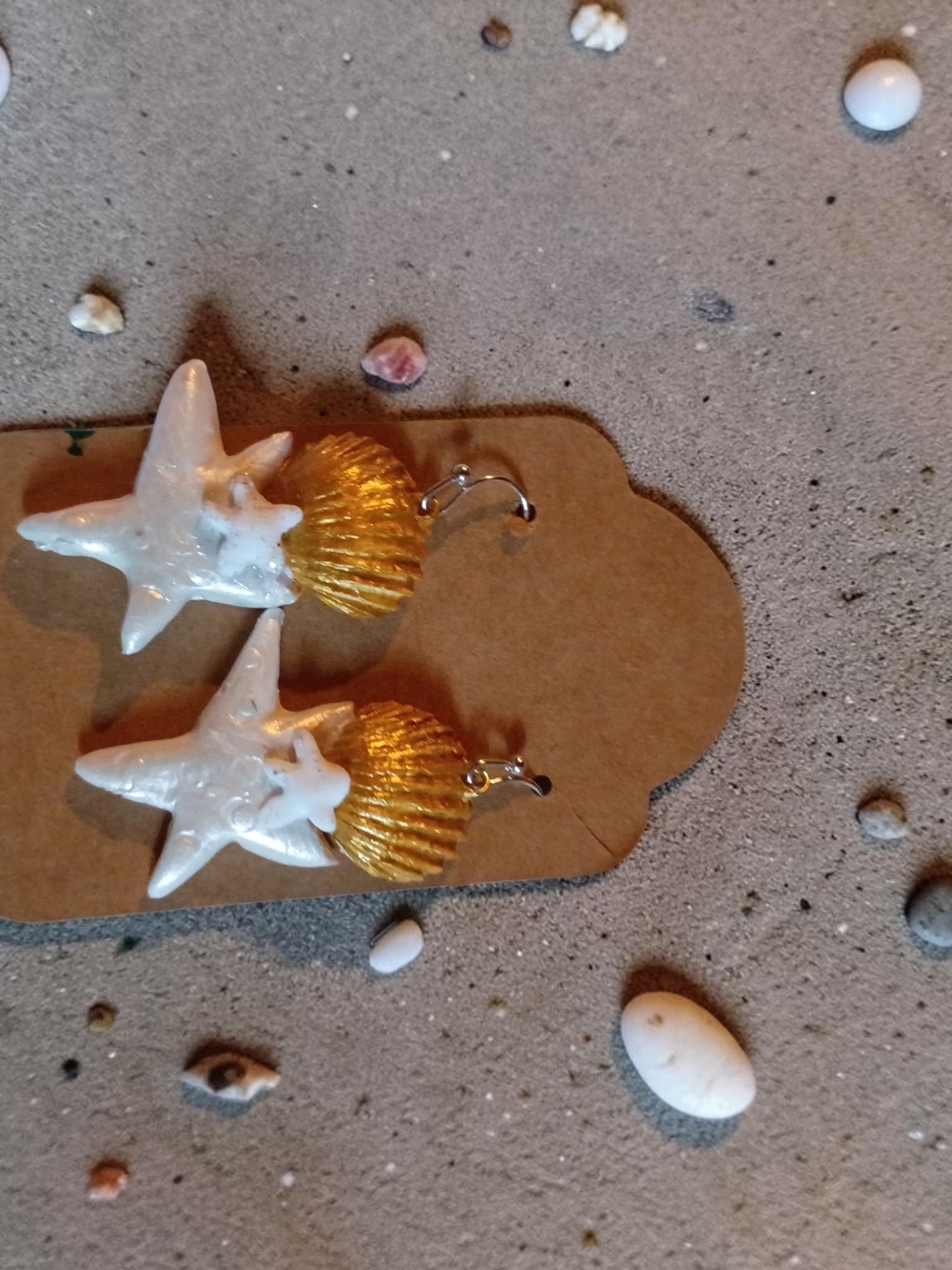 Seashell & Starfish Clay Coastal Collection Dangle Earrings - White and Gold